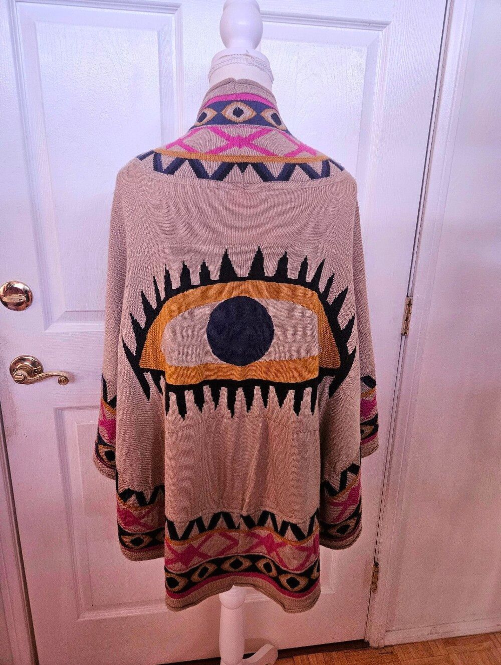 Mara Hoffman STYLE Tan Pink Evil Eye Boho Tribal Knit Festival Cape Poncho